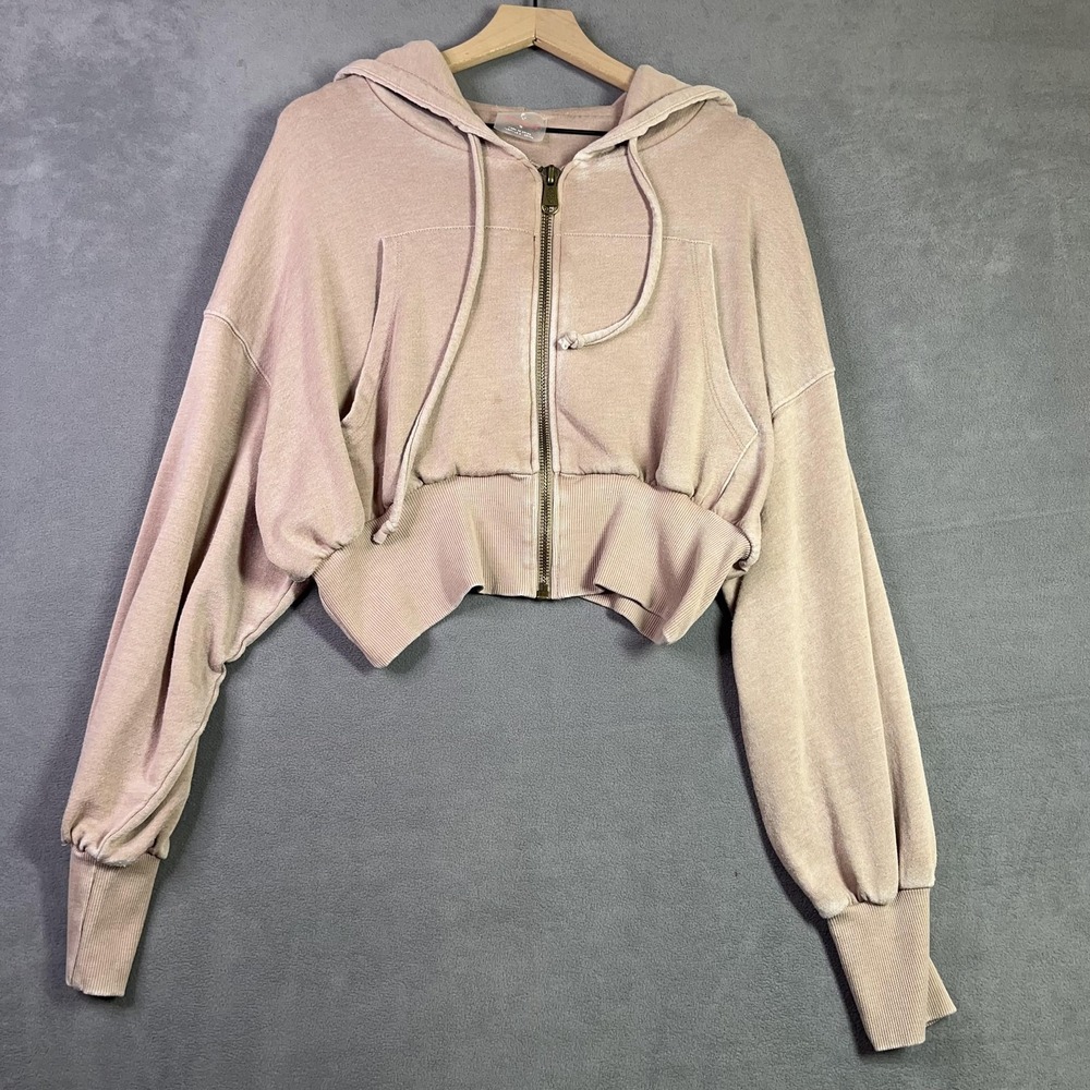 Free People Movement Low Key Cropped Zip Up Hoodie Pink Sand Oversized Size M